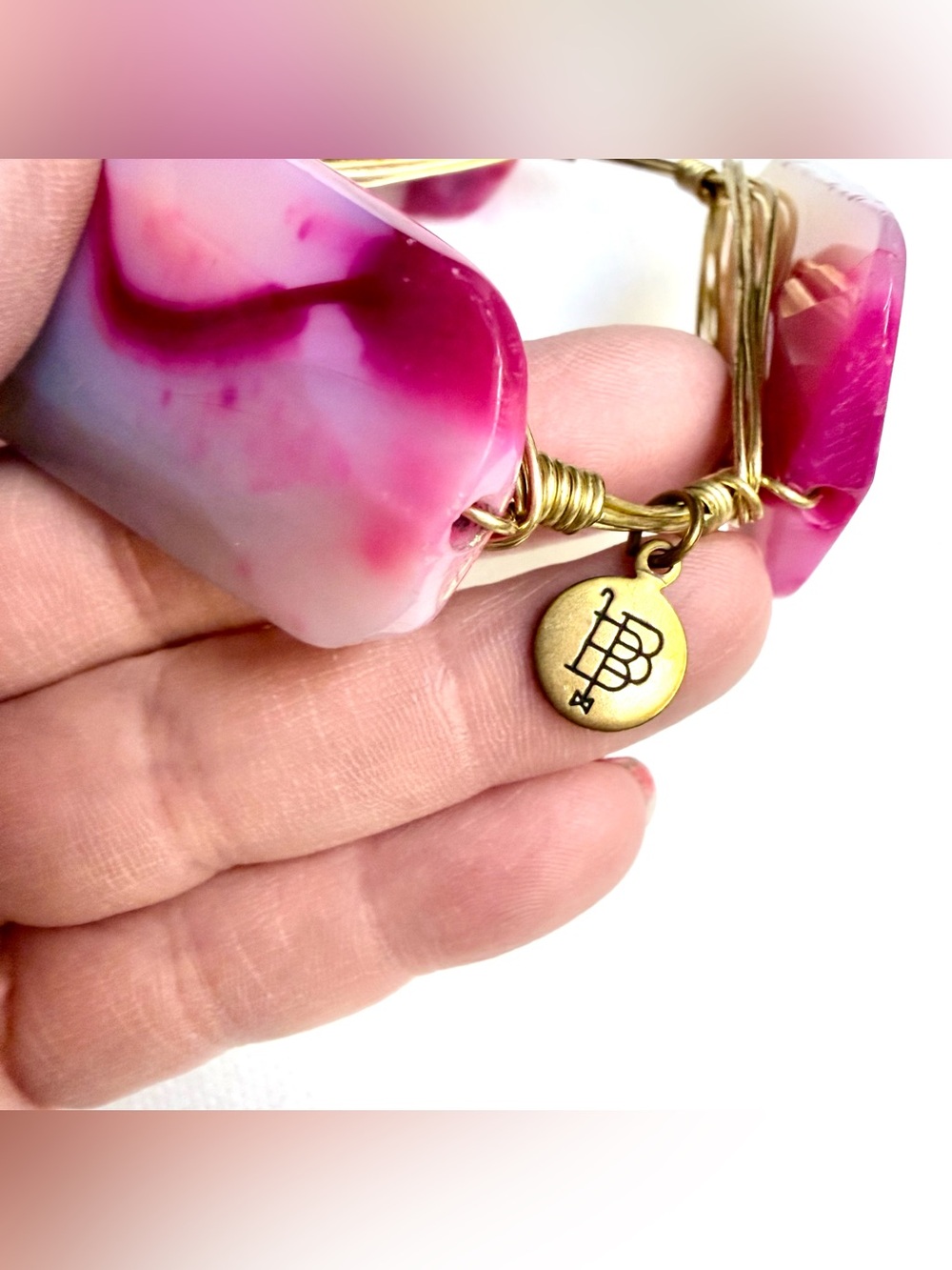 Bourbon and Bowties pink agate wrapped gold wire bracelet - Picture 6 of 6